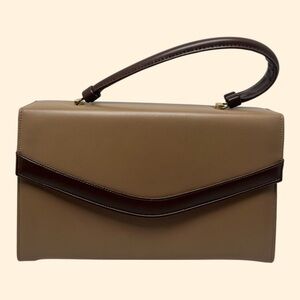 1960s Vintage Taupe Faux Leather Handbag with Brown Trim
